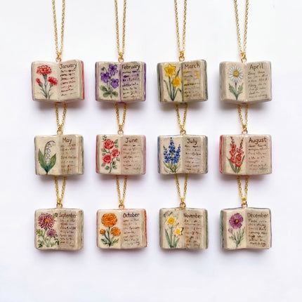 Vintage-style book necklace with September birthday flowers, a luxurious gold-plated bronze exquisite floral pendant gift