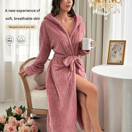 Women's Pink Coral Fleece Hooded Bathrobe (M)- Soft Plush Long Sleeve Wrap Robe with Tie Belt, Highly Absorbent Loungewear for Home Spa and Winter Sleepwear
