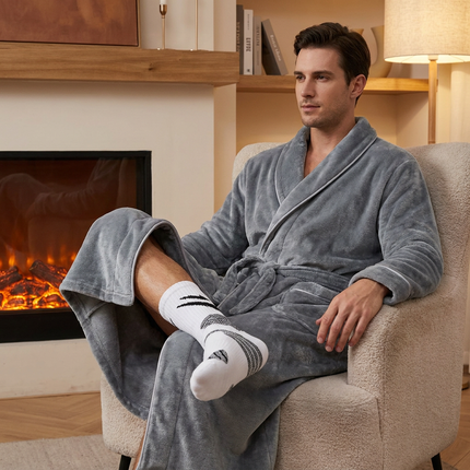 Grey Men's Winter Lounge Bundle Set - Flannel Shawl Collar Robe(M Size) with 2x White Thick Mid Calf Demon Pattern Socks, Warm Plush Homewear Set, Soft Cozy Sleepwear and Indoor Loungewear Gift for Men
