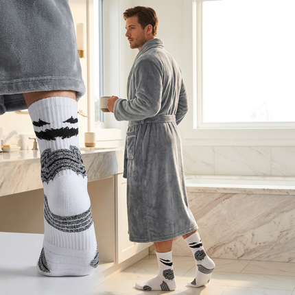 Grey Men's Winter Lounge Bundle Set - Flannel Shawl Collar Robe(L Size) with 2x White Thick Mid Calf Demon Pattern Socks, Warm Plush Homewear Set, Soft Cozy Sleepwear and Indoor Loungewear Gift for Men