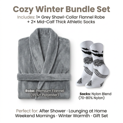 Grey Men's Winter Lounge Bundle Set - Flannel Shawl Collar Robe(XL Size) with 2x White Thick Mid Calf Demon Pattern Socks, Warm Plush Homewear Set, Soft Cozy Sleepwear and Indoor Loungewear Gift for Men