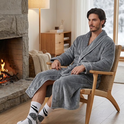 Grey Men's Winter Lounge Bundle Set - Flannel Shawl Collar Robe(XL Size) with 2x White Thick Mid Calf Demon Pattern Socks, Warm Plush Homewear Set, Soft Cozy Sleepwear and Indoor Loungewear Gift for Men