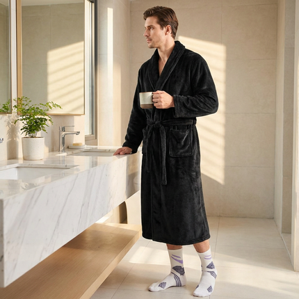 Blue Men's Winter Lounge Bundle Set - Flannel Shawl Collar Robe(M Size) with 2x  Thick Mid Calf Purple Demon Pattern Socks, Warm Plush Homewear Set, Soft Cozy Sleepwear and Indoor Loungewear Gift for Men