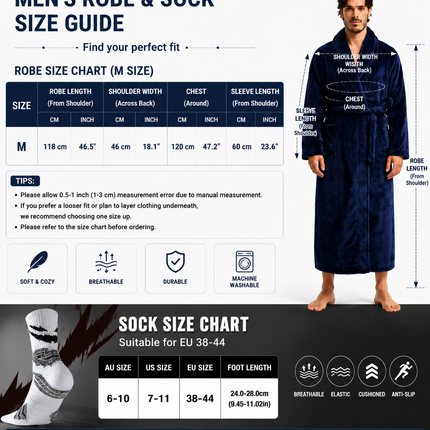 Blue Men's Winter Lounge Bundle Set - Flannel Shawl Collar Robe(M Size) with 2x  Thick Mid Calf Purple Demon Pattern Socks, Warm Plush Homewear Set, Soft Cozy Sleepwear and Indoor Loungewear Gift for Men