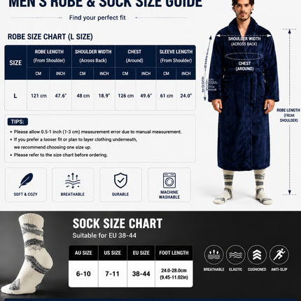 Blue Men's Winter Lounge Bundle Set - Flannel Shawl Collar Robe(L Size) with 2x  Thick Mid Calf Purple Demon Pattern Socks, Warm Plush Homewear Set, Soft Cozy Sleepwear and Indoor Loungewear Gift for Men