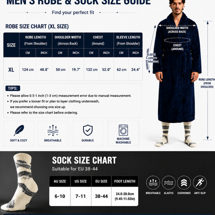 Blue Men's Winter Lounge Bundle Set - Flannel Shawl Collar Robe(XL Size) with 2x  Thick Mid Calf Purple Demon Pattern Socks, Warm Plush Homewear Set, Soft Cozy Sleepwear and Indoor Loungewear Gift for Men