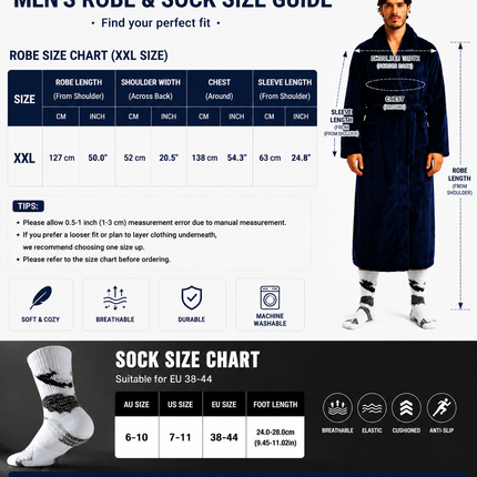 Blue Men's Winter Lounge Bundle Set - Flannel Shawl Collar Robe(XXL Size) with 2x  Thick Mid Calf Purple Demon Pattern Socks, Warm Plush Homewear Set, Soft Cozy Sleepwear and Indoor Loungewear Gift for Men