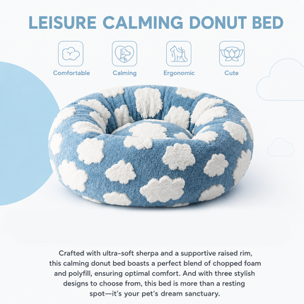 Medium Large Pet Donut Bed (Coffee plaid)-90cm outer diameter, Soft Plush Round Dog Bed and Cat Bed with Raised Rim, Cozy Calming Pet Sleeping Cushion, Checkered Washable Dog Bed for Medium Large Dogs and Cats