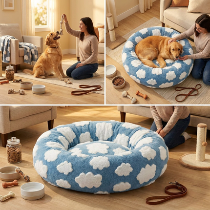 Medium Large Pet Donut Bed (Blue background with white clouds)-80cm outer diameter, Soft Plush Round Dog Bed and Cat Bed with Raised Rim, Cozy Calming Pet Sleeping Cushion, Blue Cloud Pattern Washable Pet Bed for Medium Large Dogs and Cats
