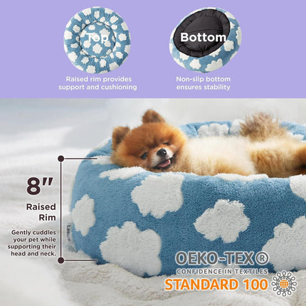 Medium Large Pet Donut Bed (Blue background with white clouds)-100cm outer diameter, Soft Plush Round Dog Bed and Cat Bed with Raised Rim, Cozy Calming Pet Sleeping Cushion, Blue Cloud Pattern Washable Pet Bed for Medium Large Dogs and Cats