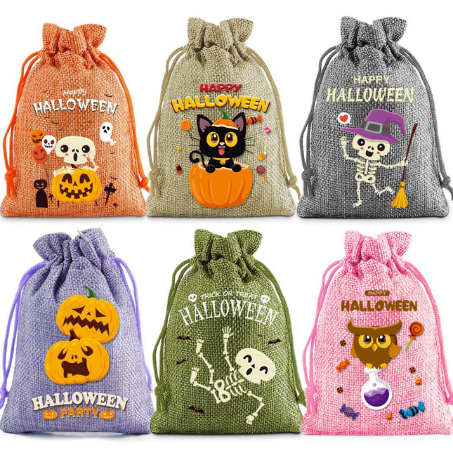 6 Pack Halloween Burlap Drawstring Bags - Assorted Printed Treat and Gift Pouches for Candy, Party Favours, Halloween Events and Seasonal Storage Amazing Shopping