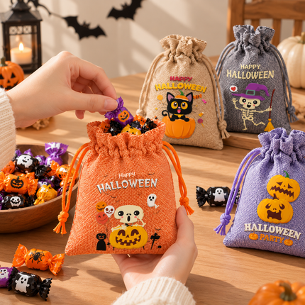 6 Pack Halloween Burlap Drawstring Bags - Assorted Printed Treat and Gift Pouches for Candy, Party Favours, Halloween Events and Seasonal Storage