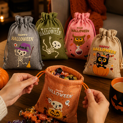 6 Pack Halloween Burlap Drawstring Bags - Assorted Printed Treat and Gift Pouches for Candy, Party Favours, Halloween Events and Seasonal Storage
