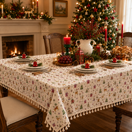 Christmas Cotton Linen Blend Tablecloth with Reindeer and Gift Print – 150x180cm Festive Tassel Fringe Table Cover for Dining Room, Kitchen and Holiday Parties Amazing Shopping