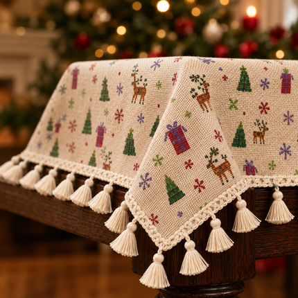 Christmas Cotton Linen Blend Tablecloth with Reindeer and Gift Print – 150x180cm Festive Tassel Fringe Table Cover for Dining Room, Kitchen and Holiday Parties Amazing Shopping