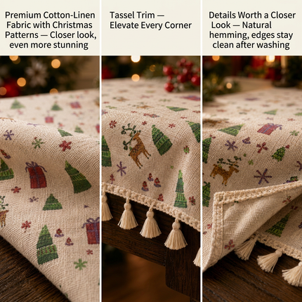 Christmas Cotton Linen Blend Tablecloth with Reindeer and Gift Print – 150x180cm Festive Tassel Fringe Table Cover for Dining Room, Kitchen and Holiday Parties Amazing Shopping