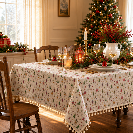 Christmas Cotton Linen Blend Tablecloth with Reindeer and Gift Print – 150x200cm Festive Tassel Fringe Table Cover for Dining Room, Kitchen and Holiday Parties Amazing Shopping