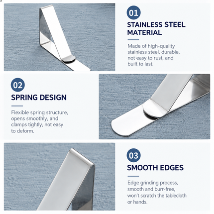 Stainless Steel Tablecloth Clips 12 Pack – Triangle Design, 4.5cm Opening, Silver Tablecloth Fasteners for Outdoor Picnics, Patio Dining, Garden Parties and Home Use