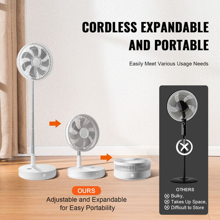VEVOR 12 Inch Foldable Oscillating Standing Fan with Remote Control, 4 Speed Adjustable Portable Desk Quiet Fan, 7200mah Rechargeable USB Small Fan, Folded Rotating Floor Fan for Bedroom Office Travel