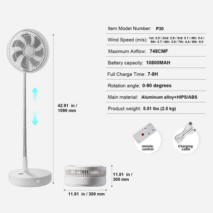 VEVOR 12 Inch Foldable Oscillating Standing Fan with Remote Control, 4 Speed Adjustable Portable Desk Quiet Fan, 7200mah Rechargeable USB Small Fan, Folded Rotating Floor Fan for Bedroom Office Travel