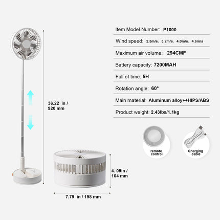 VEVOR 8 Inch Foldable Oscillating Standing Fan with Remote Control, 4 Speed Adjustable Portable Desk Quiet Fan, 7200mah Rechargeable USB Small Fan, Folded Rotating Floor Fan for Bedroom Office Travel