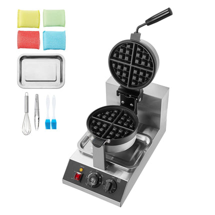 Commercial Waffle Maker, 1300W Round Waffle Baker Machine, Non-Stick Stainless Steel Belgian Waffle Iron, Temperature and Time Control, 180° Rotatable, for Restaurant Bakery Snack Bar Family