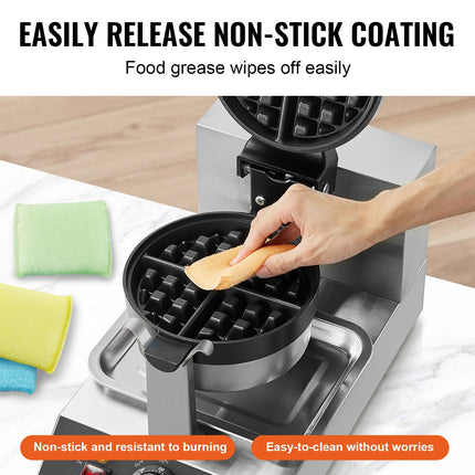 Commercial Waffle Maker, 1300W Round Waffle Baker Machine, Non-Stick Stainless Steel Belgian Waffle Iron, Temperature and Time Control, 180° Rotatable, for Restaurant Bakery Snack Bar Family
