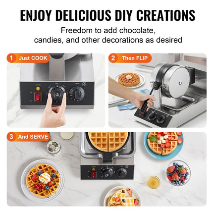 Commercial Waffle Maker, 1300W Round Waffle Baker Machine, Non-Stick Stainless Steel Belgian Waffle Iron, Temperature and Time Control, 180° Rotatable, for Restaurant Bakery Snack Bar Family