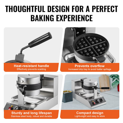 Commercial Waffle Maker, 1300W Round Waffle Baker Machine, Non-Stick Stainless Steel Belgian Waffle Iron, Temperature and Time Control, 180° Rotatable, for Restaurant Bakery Snack Bar Family