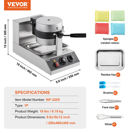 Commercial Waffle Maker, 1300W Round Waffle Baker Machine, Non-Stick Stainless Steel Belgian Waffle Iron, Temperature and Time Control, 180° Rotatable, for Restaurant Bakery Snack Bar Family