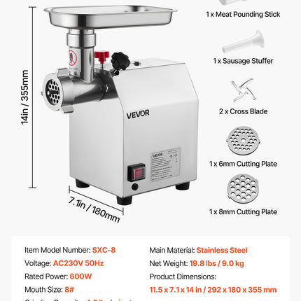 Commercial Electric Meat Grinder 4.5 Lbs/Min Sausage Stuffer Maker Kitchen
