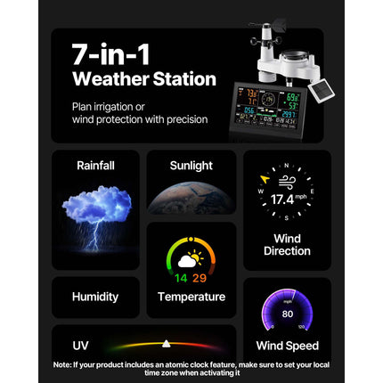 7-in-1 Wireless Weather Station, 190.5 mm VA Display, Solar Powered Outdoor Sensor, Rain Gauge, Indoor Outdoor for Weather Forecast, Temperature, Humidity, Wind Speed and Direction (No WiFi)