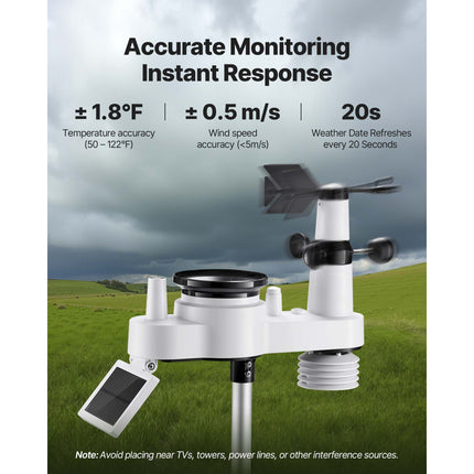 7-in-1 Wireless Weather Station, 190.5 mm VA Display, Solar Powered Outdoor Sensor, Rain Gauge, Indoor Outdoor for Weather Forecast, Temperature, Humidity, Wind Speed and Direction (No WiFi)