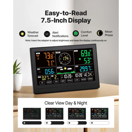 7-in-1 Wireless Weather Station, 190.5 mm VA Display, Solar Powered Outdoor Sensor, Rain Gauge, Indoor Outdoor for Weather Forecast, Temperature, Humidity, Wind Speed and Direction (No WiFi)