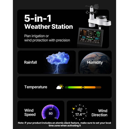 5-in-1 Wireless Weather Station, 190.5 mm VA Display, Solar Powered Outdoor Sensor, Rain Gauge, Indoor Outdoor for Weather Forecast, Temperature, Humidity, Wind Speed and Direction (No WiFi)