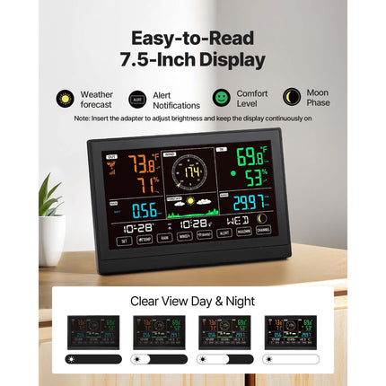 5-in-1 Wireless Weather Station, 190.5 mm VA Display, Solar Powered Outdoor Sensor, Rain Gauge, Indoor Outdoor for Weather Forecast, Temperature, Humidity, Wind Speed and Direction (No WiFi)