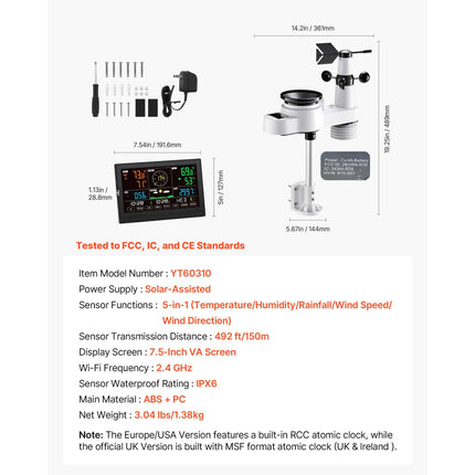 5-in-1 Wireless Weather Station, 190.5 mm VA Display, Solar Powered Outdoor Sensor, Rain Gauge, Indoor Outdoor for Weather Forecast, Temperature, Humidity, Wind Speed and Direction (No WiFi)