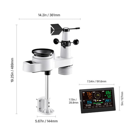 5-in-1 Wireless Weather Station, 190.5 mm VA Display, Solar Powered Outdoor Sensor, Rain Gauge, Indoor Outdoor for Weather Forecast, Temperature, Humidity, Wind Speed and Direction (No WiFi)