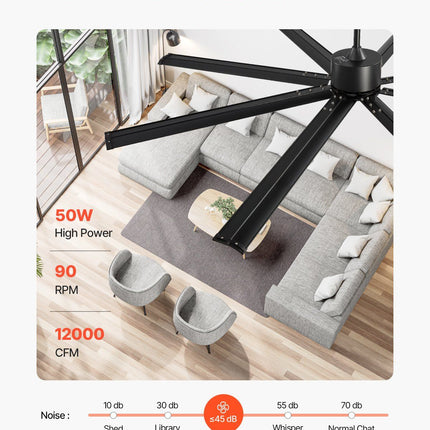 213 cm Ceiling Fan No Light, 6-Speed Remote Control, Aluminum 8-Blade, Reversible DC Motor, Modern Low Profile Flush Mount Exterior Fan for Bedroom, Living Room, Patio, Indoor/Outdoor, Black