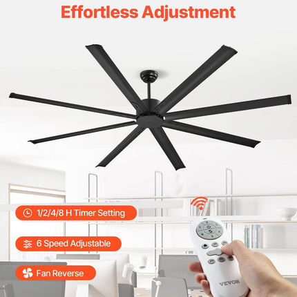 213 cm Ceiling Fan No Light, 6-Speed Remote Control, Aluminum 8-Blade, Reversible DC Motor, Modern Low Profile Flush Mount Exterior Fan for Bedroom, Living Room, Patio, Indoor/Outdoor, Black