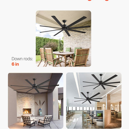 213 cm Ceiling Fan No Light, 6-Speed Remote Control, Aluminum 8-Blade, Reversible DC Motor, Modern Low Profile Flush Mount Exterior Fan for Bedroom, Living Room, Patio, Indoor/Outdoor, Black