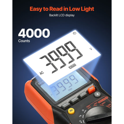 Digital Multimeter, 4000-Count TRMS Voltmeter Ohmmeter, 1000V AC/DC Voltage Tester with Switchable Auto/Manual Range for Voltage, Resistance, and Continuity Measurment