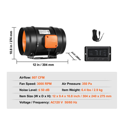 VEVOR Inline Duct Fan, 203.2mm 506.2 CFM with Temperature Humidity Controller, Quiet EC-motor Ventilation Exhaust Fan for Cooling Booster, Grow Tents, Hydroponics