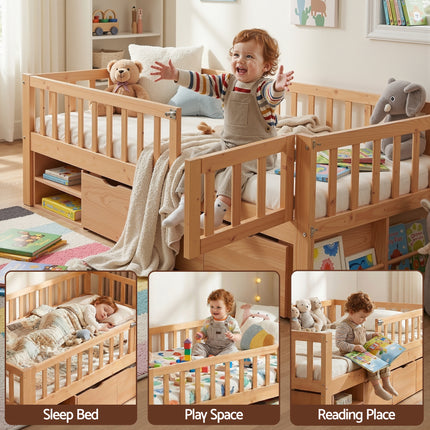 Artiss Kids Single Bed Frame with 3 Storage Drawer Montessori Bed for Toddler Natural
